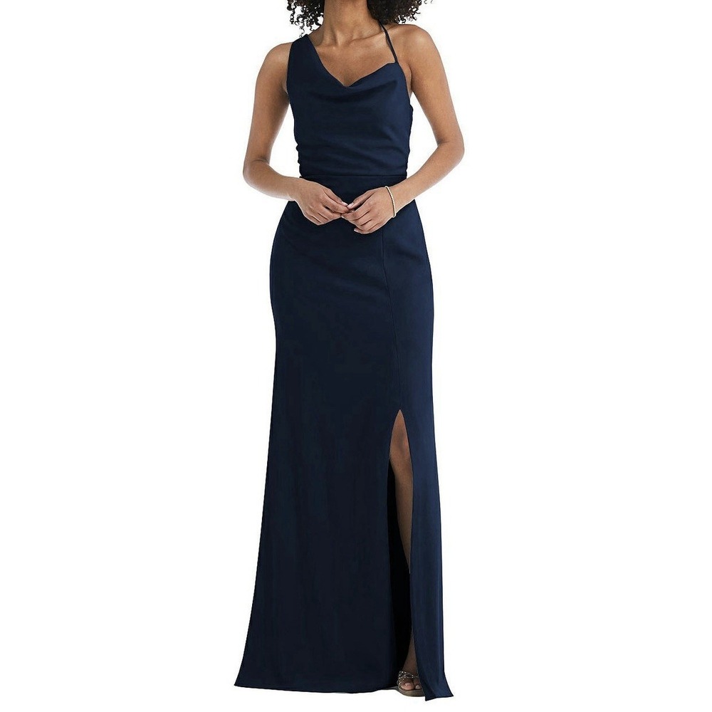 After Six Size 20 Blue One Shoulder Cowl-Neck Dress Maxi Formal Crepe Split NWOT